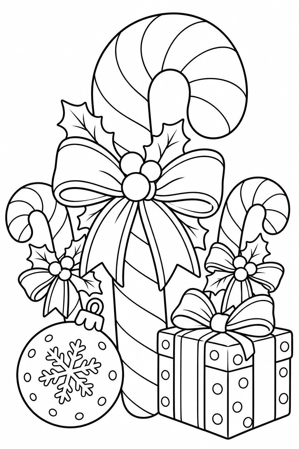 Candy Cane Christmas coloring page — black-and-white outline to print and color: candy canes with a bow, ornament and gift box