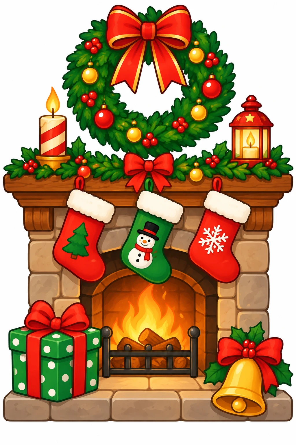 Christmas Fireplace coloring page — colored preview: a stone fireplace with three hanging stockings, a wreath above and a wrapped gift beside the hearth