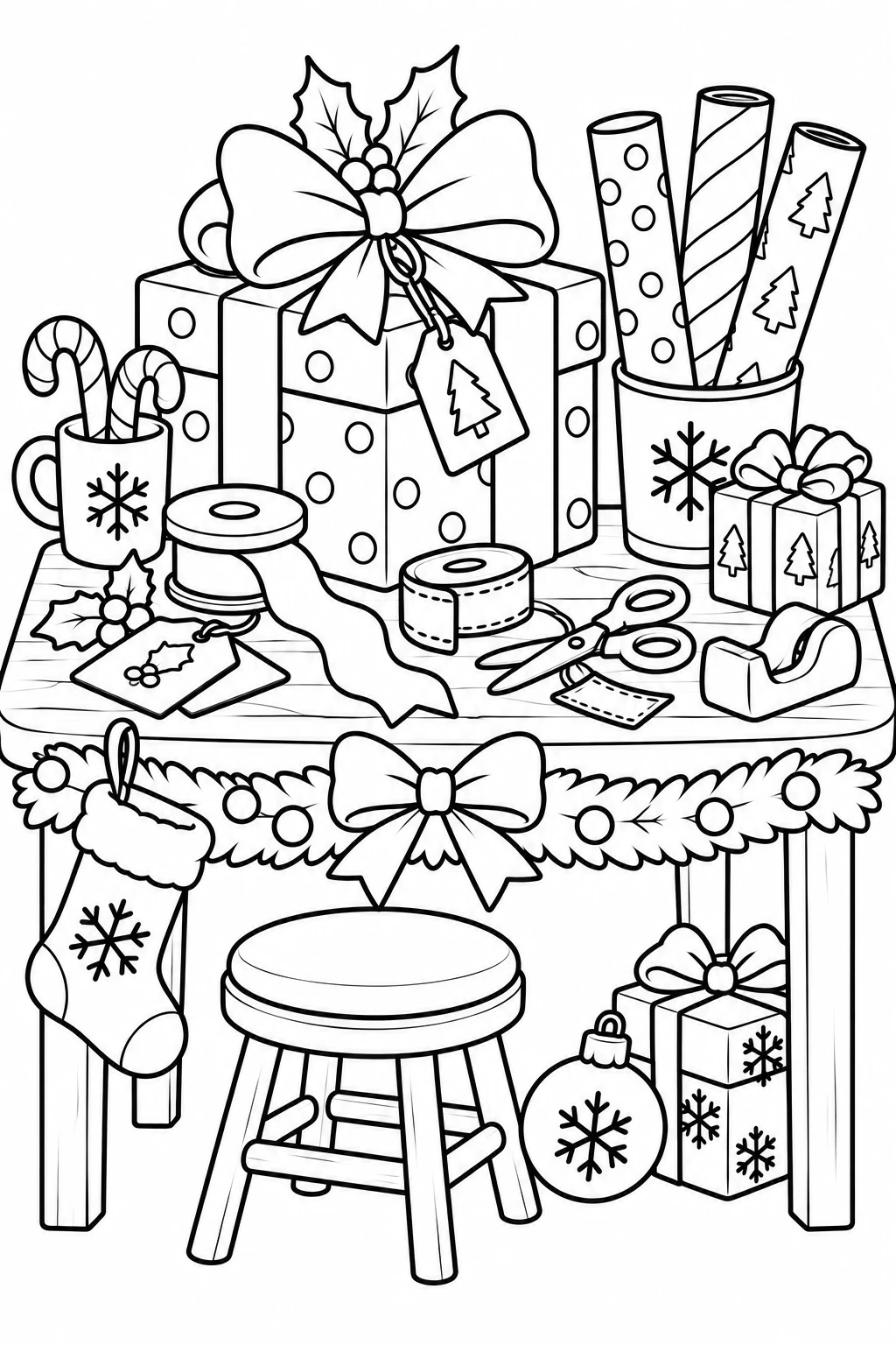 Gift Wrapping Christmas coloring page — black-and-white outline to print and color: a gift-wrapping table scene
