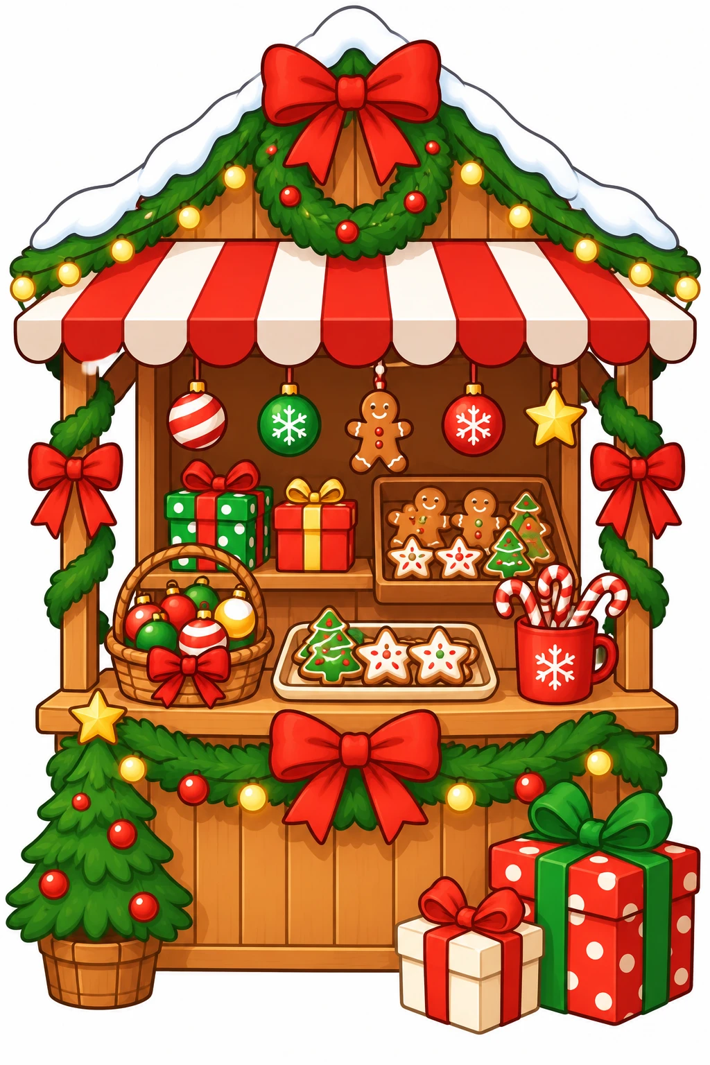 Christmas Market coloring page — colored preview: a Christmas market stall with a striped awning, wreath, gingerbread cookies and wrapped gifts