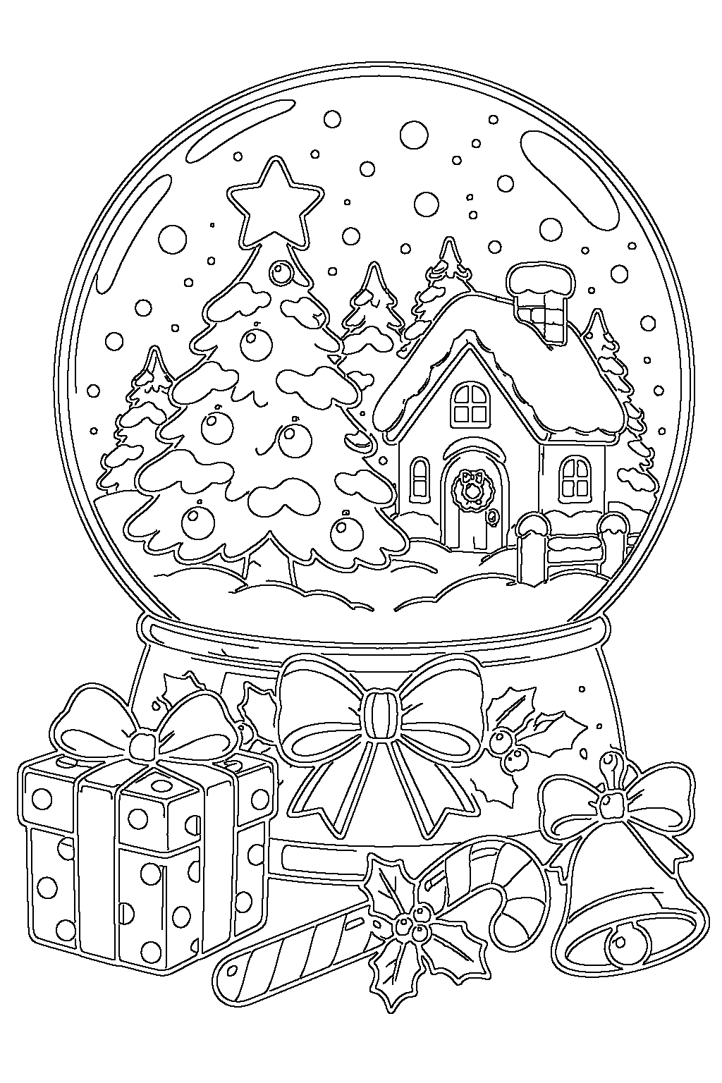 Snow Globe Christmas coloring page — black-and-white outline to print and color: a snow globe with a tree and house inside