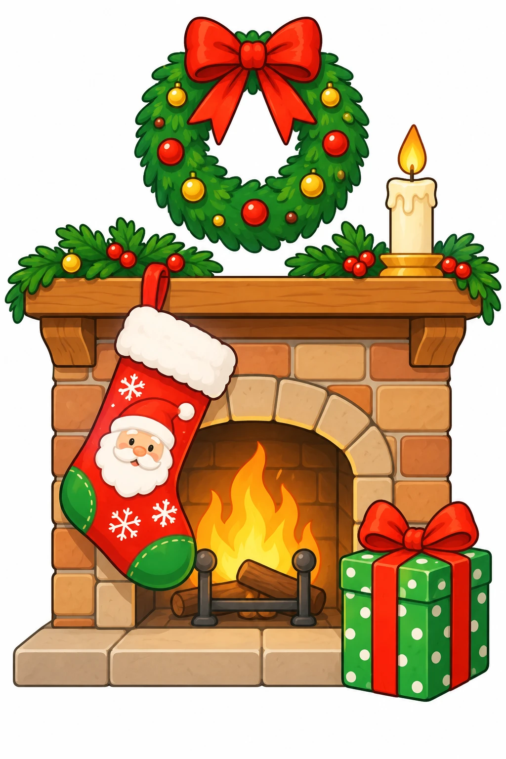 Christmas Stocking coloring page — colored preview: a Santa-face stocking hanging on a fireplace with a wreath above and a wrapped gift beside the hearth