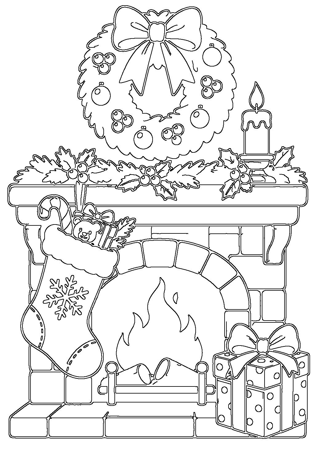 Christmas Stocking coloring page — black-and-white outline to print and color: a stocking hanging on a fireplace