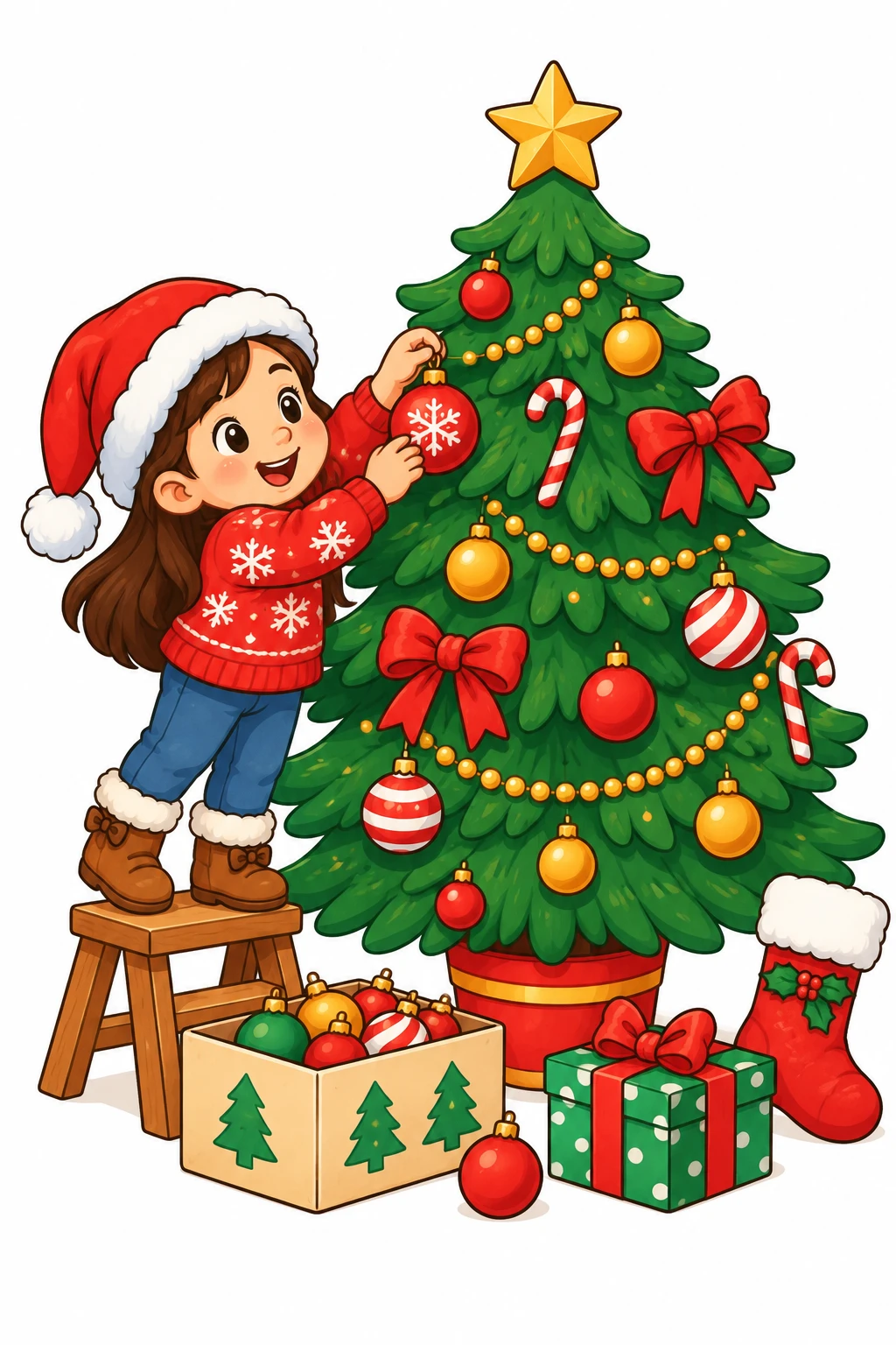 Decorate the Christmas Tree coloring page — colored preview: a girl in a Santa hat decorating a Christmas tree while standing on a step stool