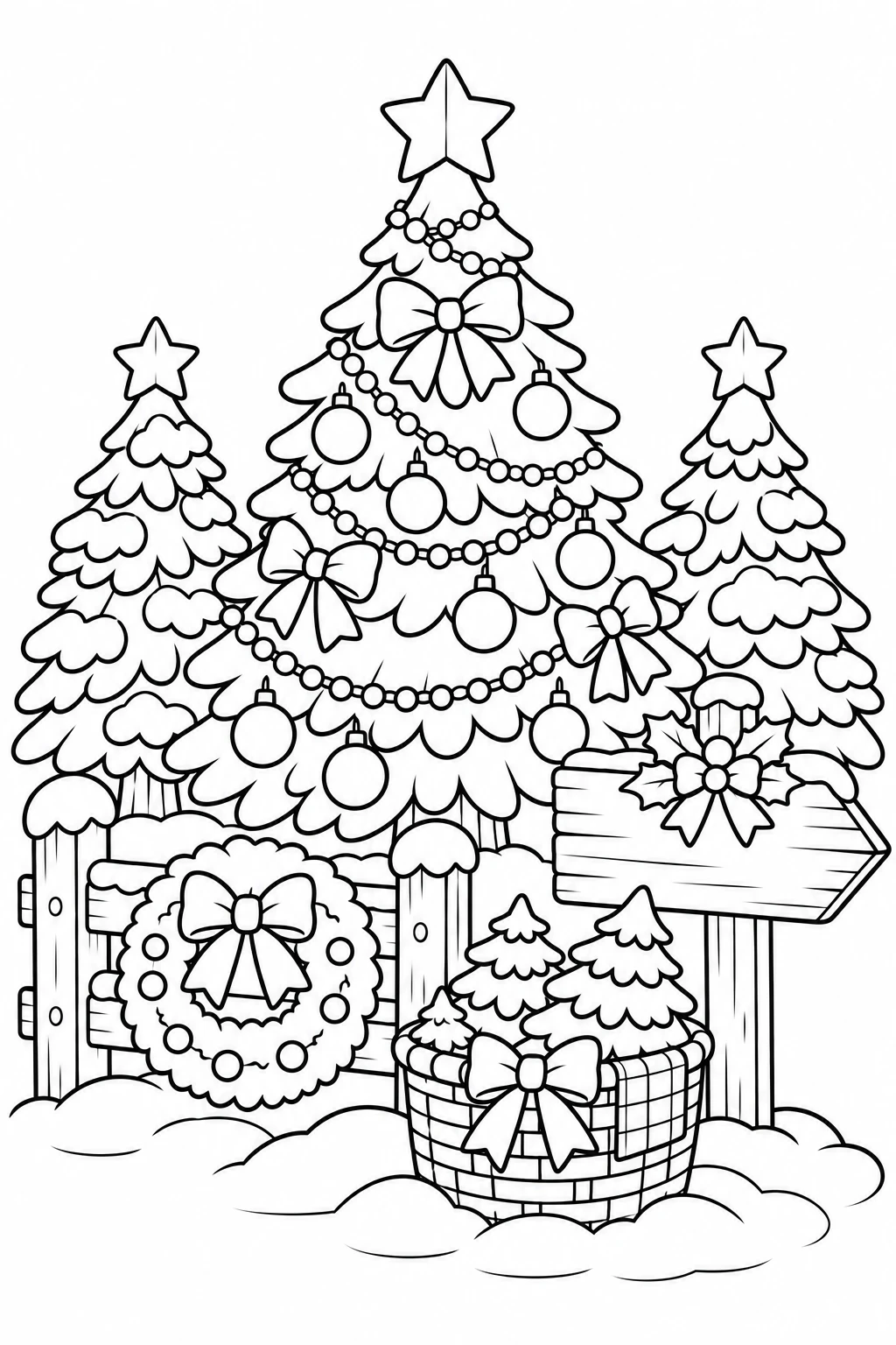 Christmas Tree Farm coloring page — black-and-white outline to print and color: a Christmas tree farm scene
