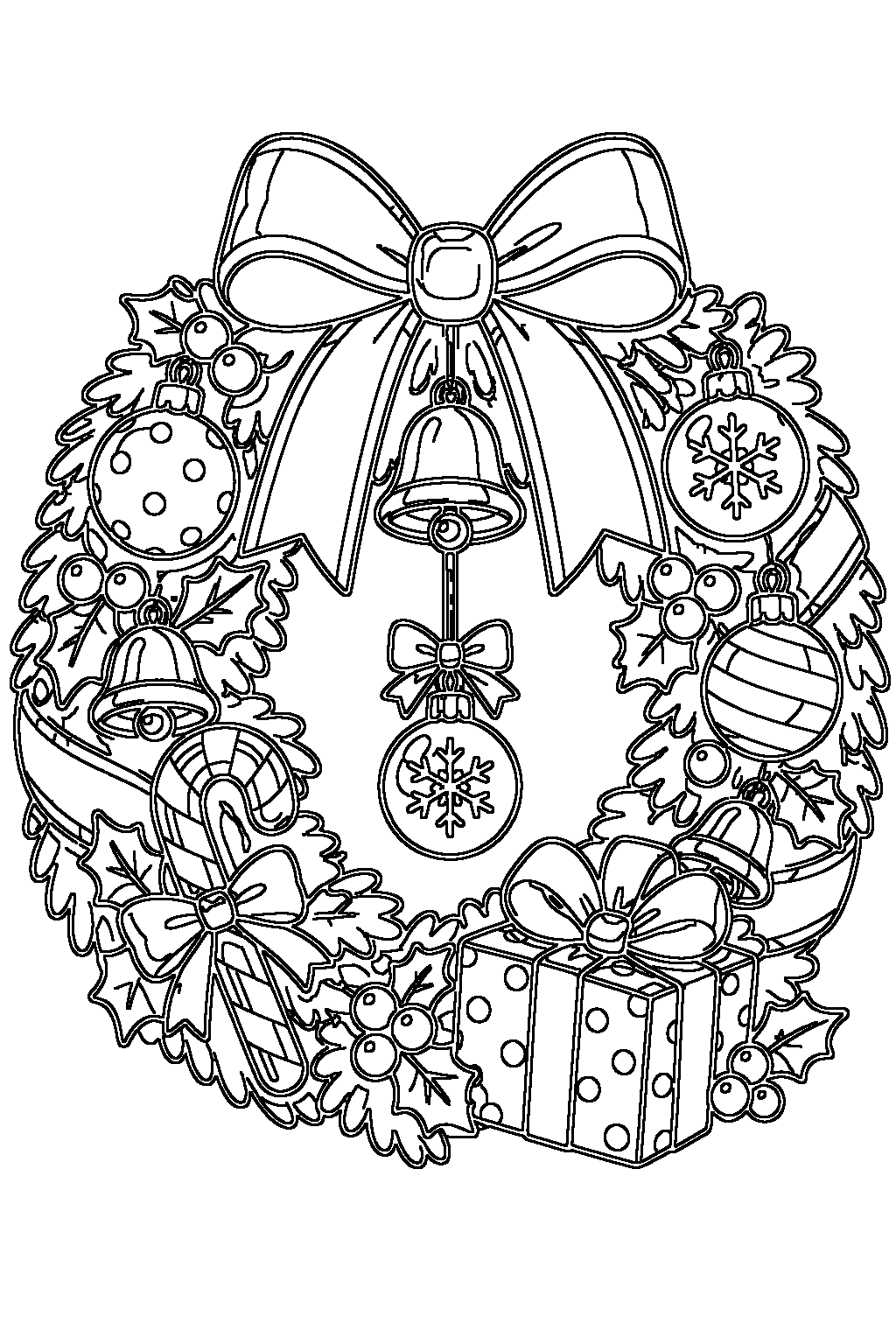 Christmas Wreath coloring page — black-and-white outline to print and color: a Christmas wreath with a bow and ornaments
