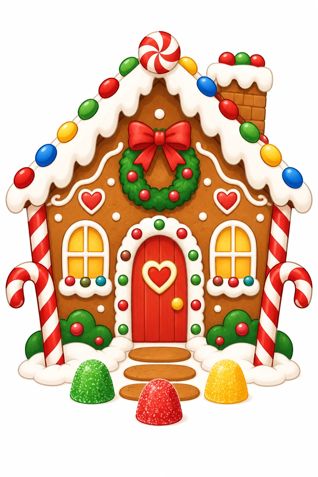 Gingerbread House Christmas coloring page — colored preview: a gingerbread house decorated with candy, icing trim and a wreath on the door