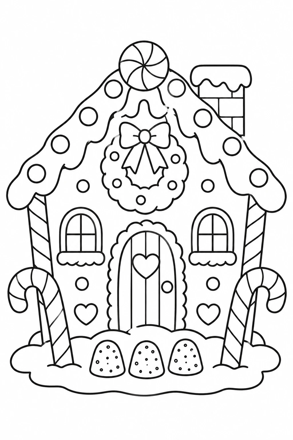 Gingerbread House Christmas coloring page — black-and-white outline to print and color: a gingerbread house