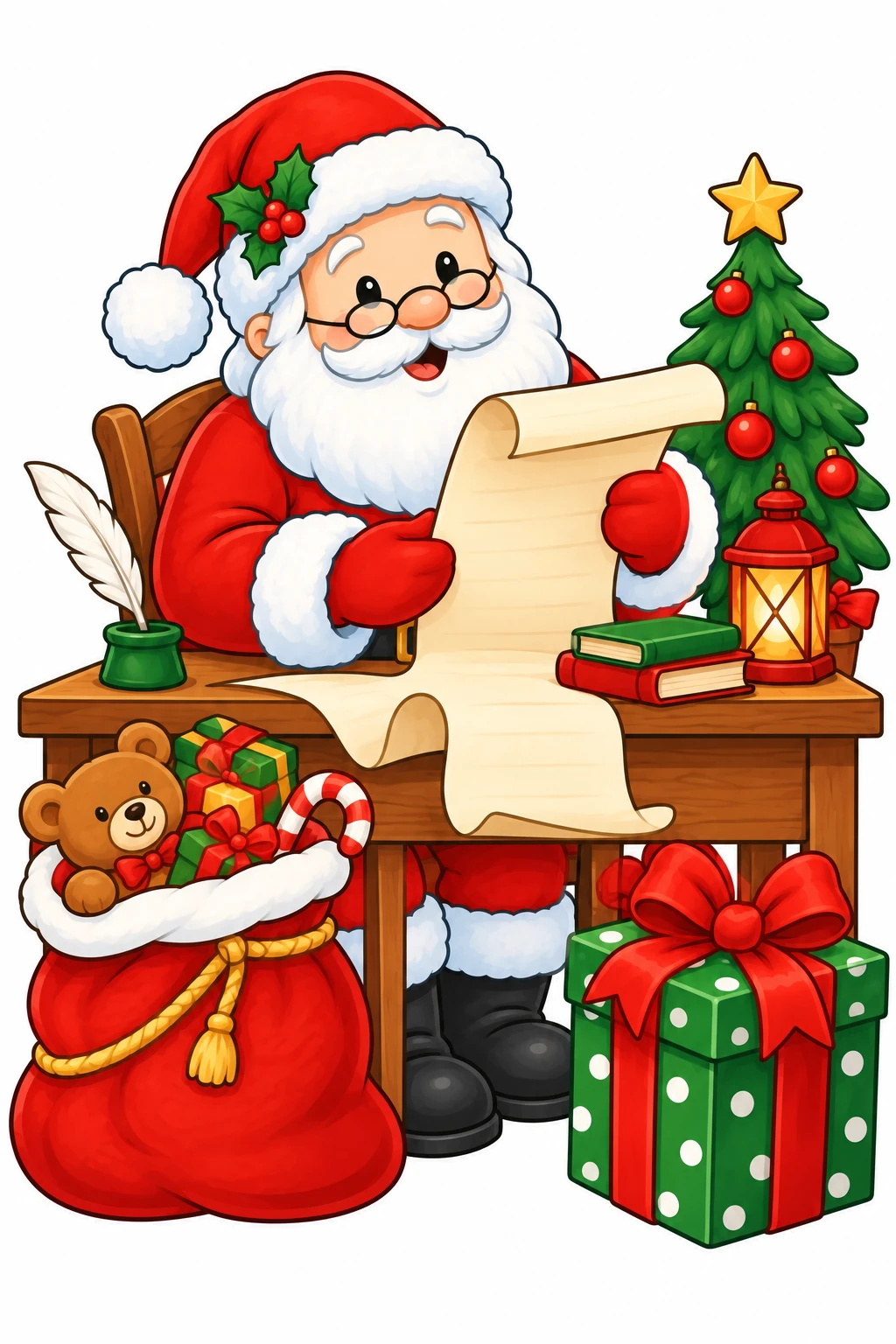 Santa's Christmas List coloring page — colored preview: Santa seated at a desk reading a long Christmas list, with a sack of toys beside him