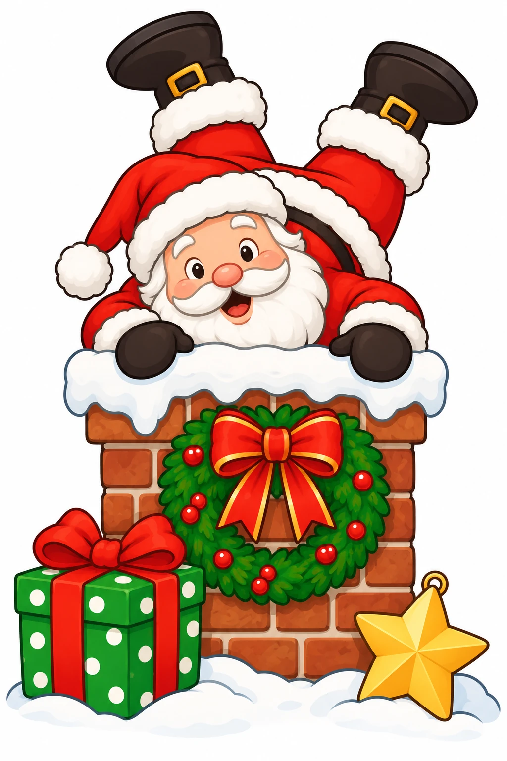 Santa in the Chimney Christmas coloring page — colored preview: Santa stuck upside down in a chimney, with a wreath and a wrapped gift beside it