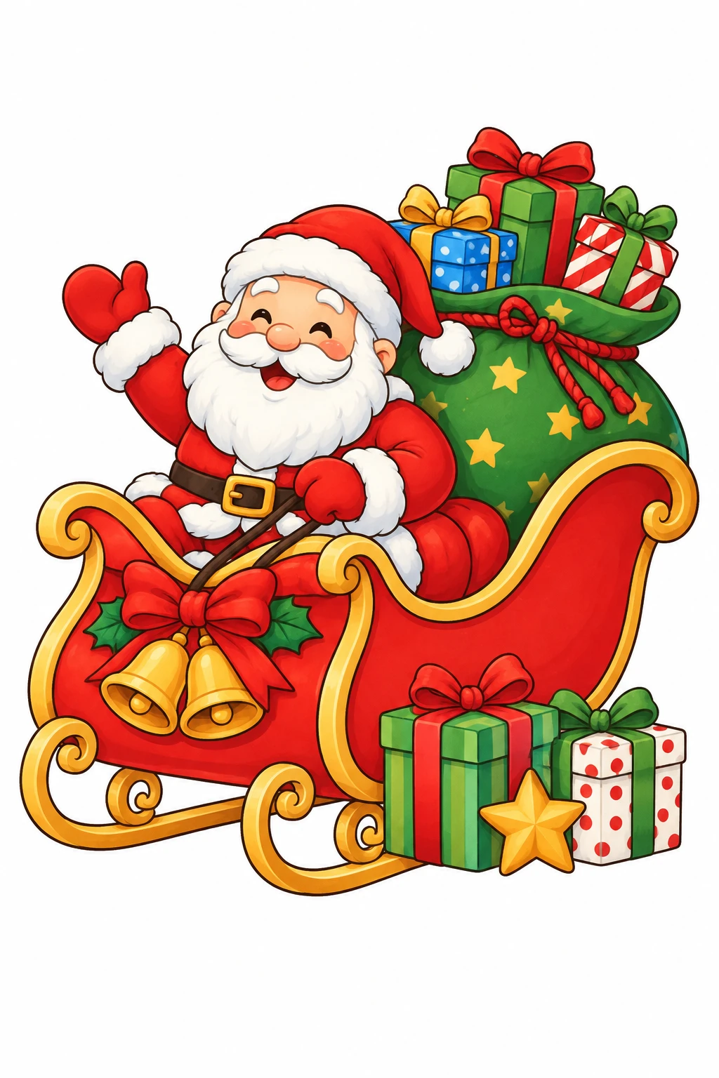 Santa's Sleigh Christmas coloring page — colored preview: Santa waving from his sleigh, with a sack of presents and wrapped gifts around him