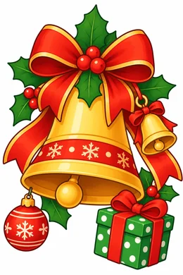 Christmas Bell coloring page — colored preview: a large Christmas bell with a red bow and holly, beside a smaller bell, an ornament and a wrapped gift
