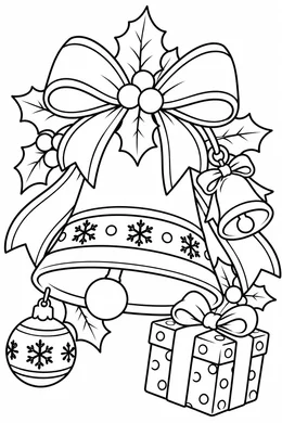 Christmas Bell coloring page — black-and-white outline to print and color: a Christmas bell with a bow, an ornament and a gift box