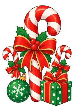 Candy Cane Christmas coloring page — colored preview: candy canes with a holly bow, a snowflake ornament and a wrapped gift box
