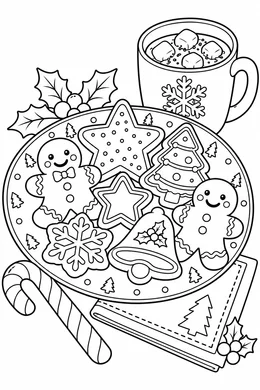 Christmas Cookies coloring page — black-and-white outline to print and color: a plate of Christmas cookies with a mug of cocoa