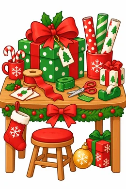 Gift Wrapping Christmas coloring page — colored preview: a gift-wrapping table with wrapped presents, ribbon spools, scissors and rolls of wrapping paper