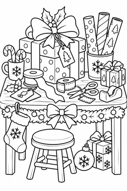 Gift Wrapping Christmas coloring page — black-and-white outline to print and color: a gift-wrapping table scene
