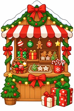 Christmas Market coloring page — colored preview: a Christmas market stall with a striped awning, wreath, gingerbread cookies and wrapped gifts