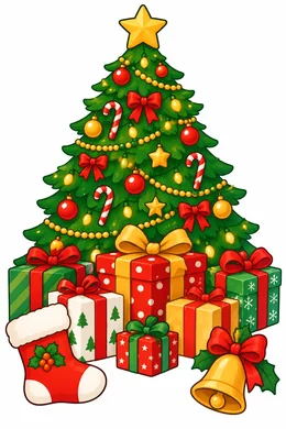 Christmas Presents coloring page — colored preview: a decorated Christmas tree with a star on top and wrapped presents and a stocking underneath