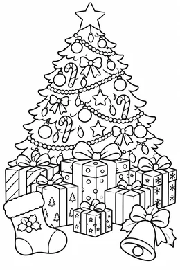 Christmas Presents coloring page — black-and-white outline to print and color: a Christmas tree with presents underneath