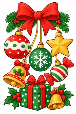 Christmas Ornaments coloring page — colored preview: a cluster of hanging Christmas ornaments tied with a red bow, with bells and a gift box below