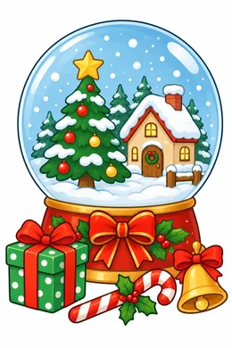 Snow Globe Christmas coloring page — colored preview: a snow globe with a tree and house inside, beside a wrapped gift and a candy cane