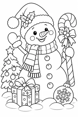 Christmas Snowman coloring page — black-and-white outline to print and color: a snowman wearing a hat and scarf
