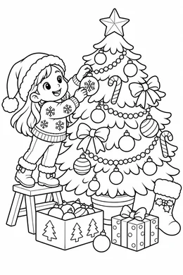Decorate the Christmas Tree coloring page — black-and-white outline to print and color: a girl decorating a Christmas tree