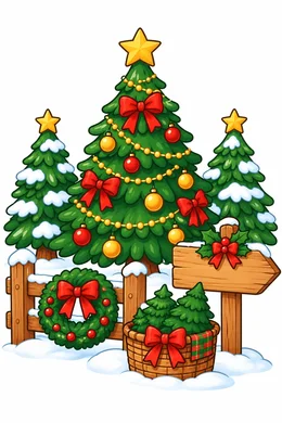 Christmas Tree Farm coloring page — colored preview: a row of snow-dusted Christmas trees on a tree farm, with a wreath and a wooden signpost