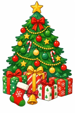 Christmas Tree coloring page — colored preview: a decorated Christmas tree with a star on top and wrapped presents and a stocking underneath