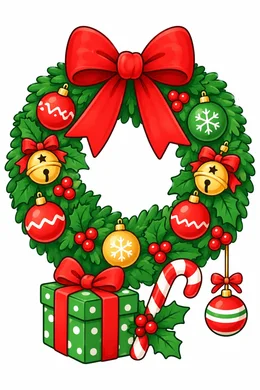 Christmas Wreath coloring page — colored preview: a Christmas wreath with a red bow, holly and hanging ornaments, beside a wrapped gift
