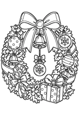 Christmas Wreath coloring page — black-and-white outline to print and color: a Christmas wreath with a bow and ornaments