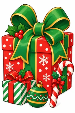 Christmas Gift Box coloring page — colored preview: a large wrapped gift box with a green bow and snowflake pattern, beside a smaller gift and an ornament