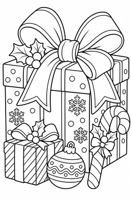 Christmas Gift Box coloring page — black-and-white outline to print and color: a large wrapped gift box with a bow