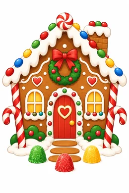 Gingerbread House Christmas coloring page — colored preview: a gingerbread house decorated with candy, icing trim and a wreath on the door