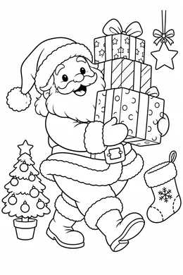 Santa Christmas coloring page — black-and-white outline to print and color: Santa carrying a stack of presents