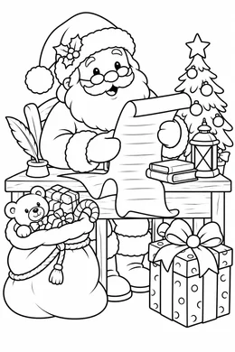Santa's Christmas List coloring page — black-and-white outline to print and color: Santa reading a list at his desk