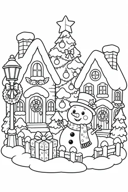Christmas Village coloring page — black-and-white outline to print and color: a snowy Christmas village with houses and a snowman