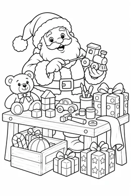 Santa's Workshop Christmas coloring page — black-and-white outline to print and color: Santa at his workbench building toys