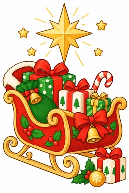 Sleigh and Star Christmas coloring page — colored preview: an empty sleigh loaded with wrapped gifts under a glowing star