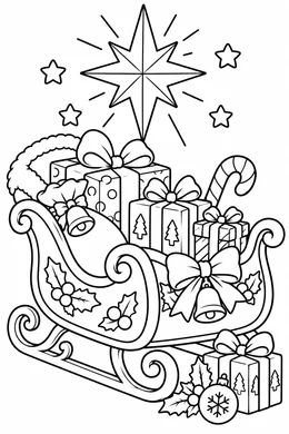 Sleigh and Star Christmas coloring page — black-and-white outline to print and color: a sleigh loaded with gifts under a star
