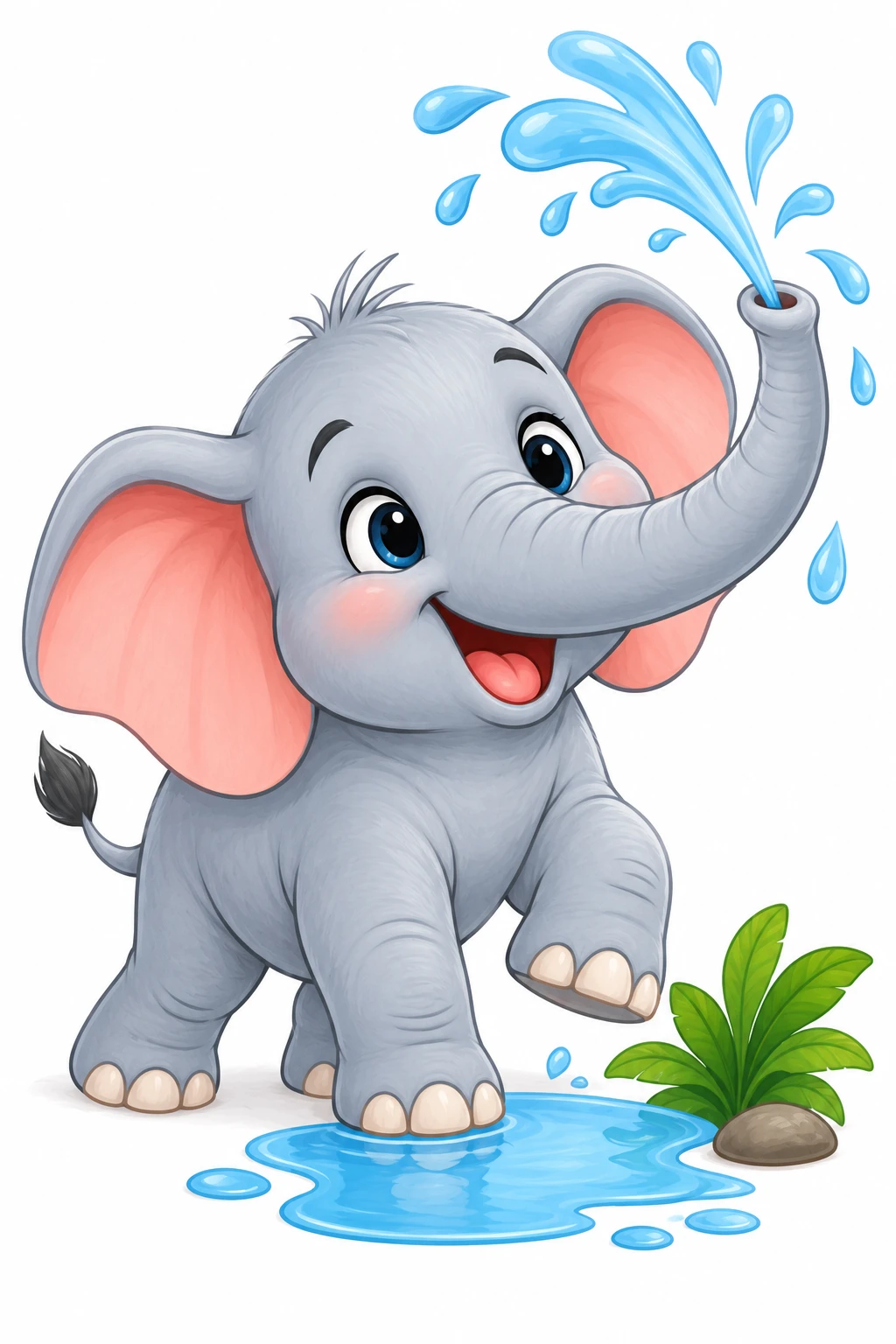 Elephant coloring page — colored preview: a baby elephant squirting water from its trunk into a puddle, beside a leafy plant and a rock