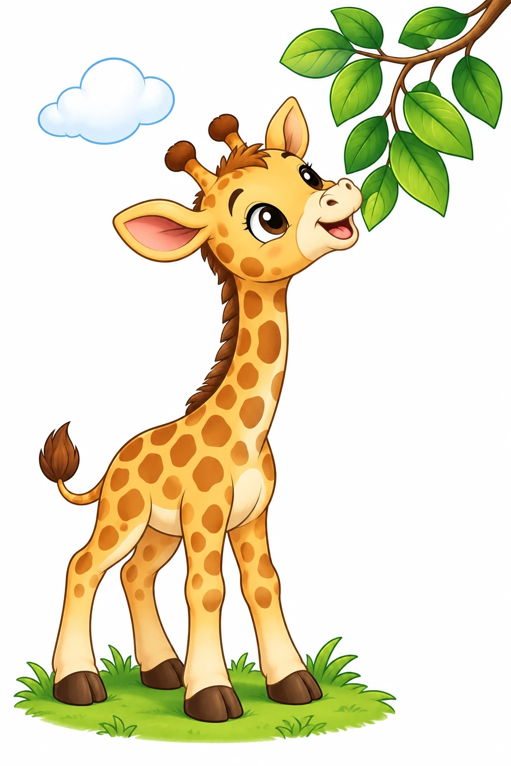 Giraffe coloring page — colored preview: a baby giraffe reaching up to nibble green leaves from a branch, standing in grass under a cloud