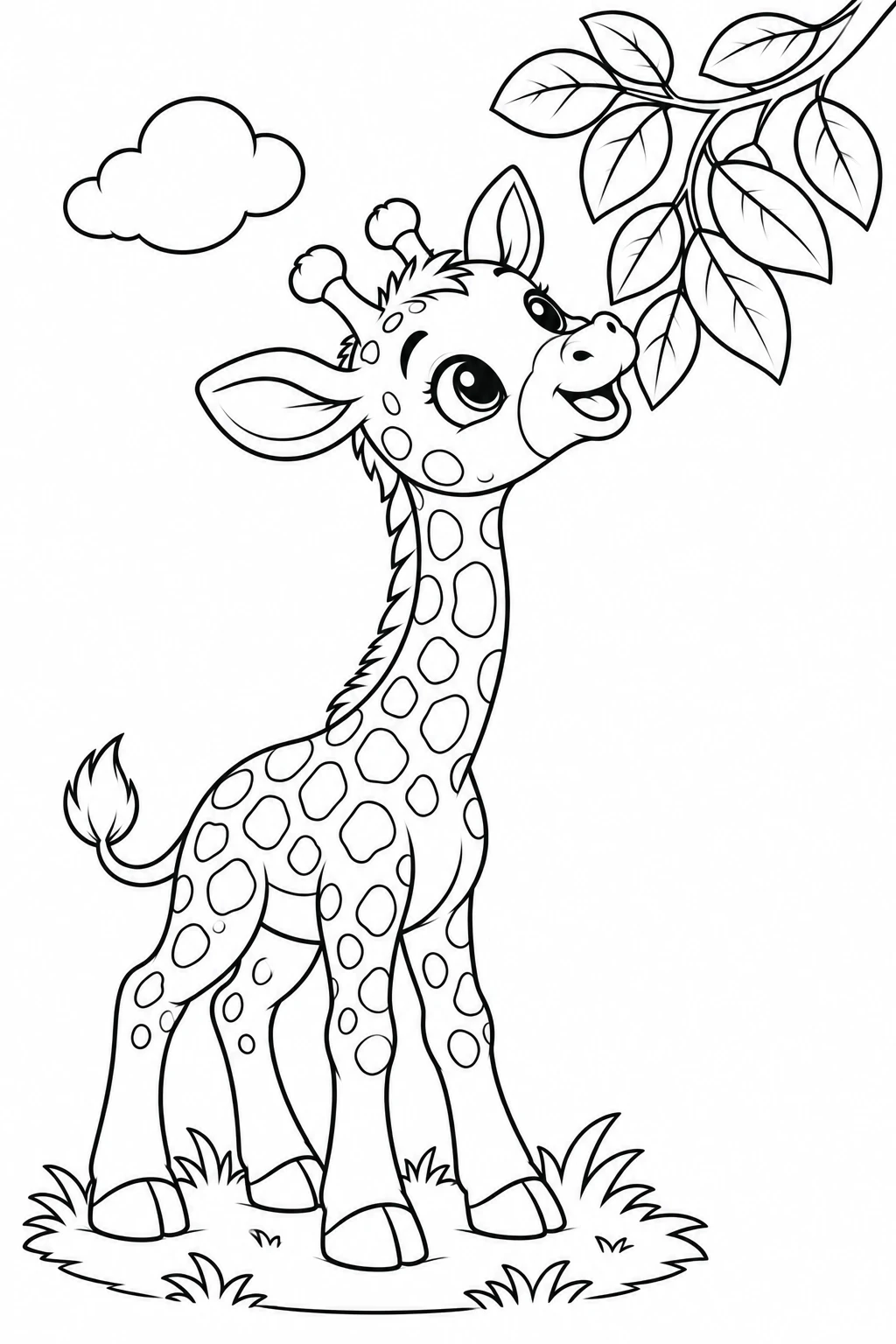 Giraffe coloring page — black-and-white outline to print and color: a baby giraffe reaching up to a leafy branch