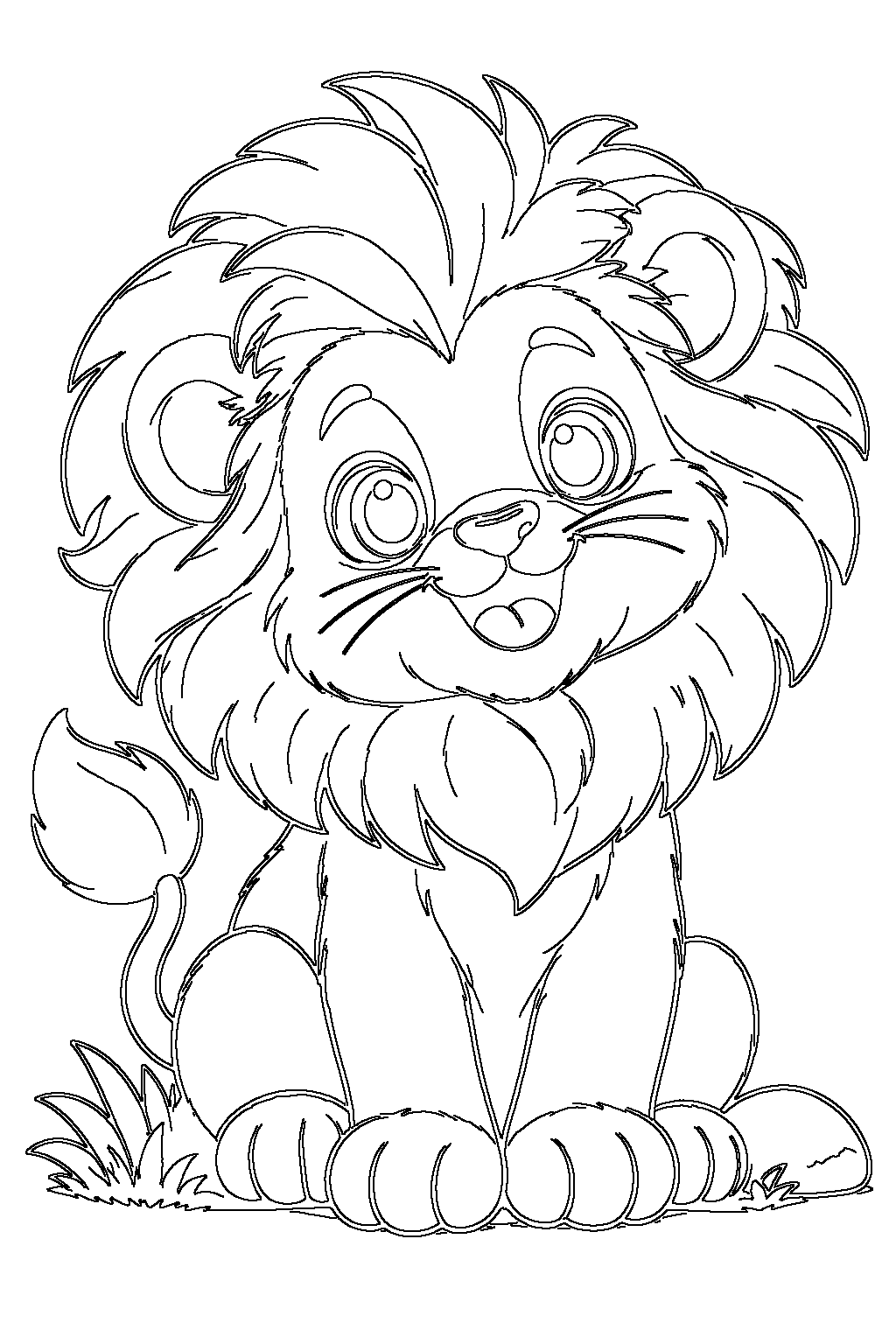 Lion coloring page — black-and-white outline to print and color: a baby lion cub sitting with its fluffy mane