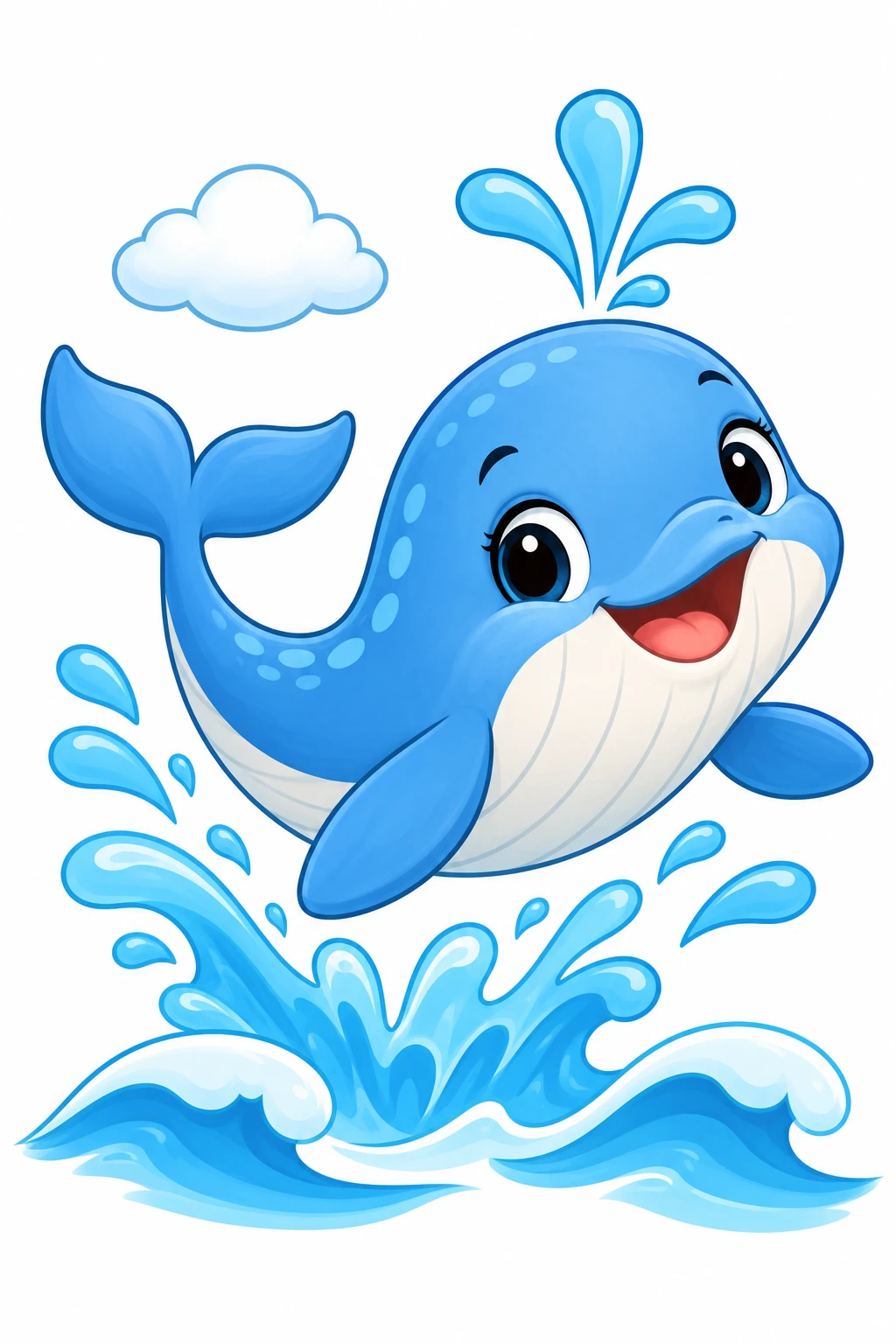Whale coloring page — colored preview: a baby whale leaping out of ocean waves with a water spout above it