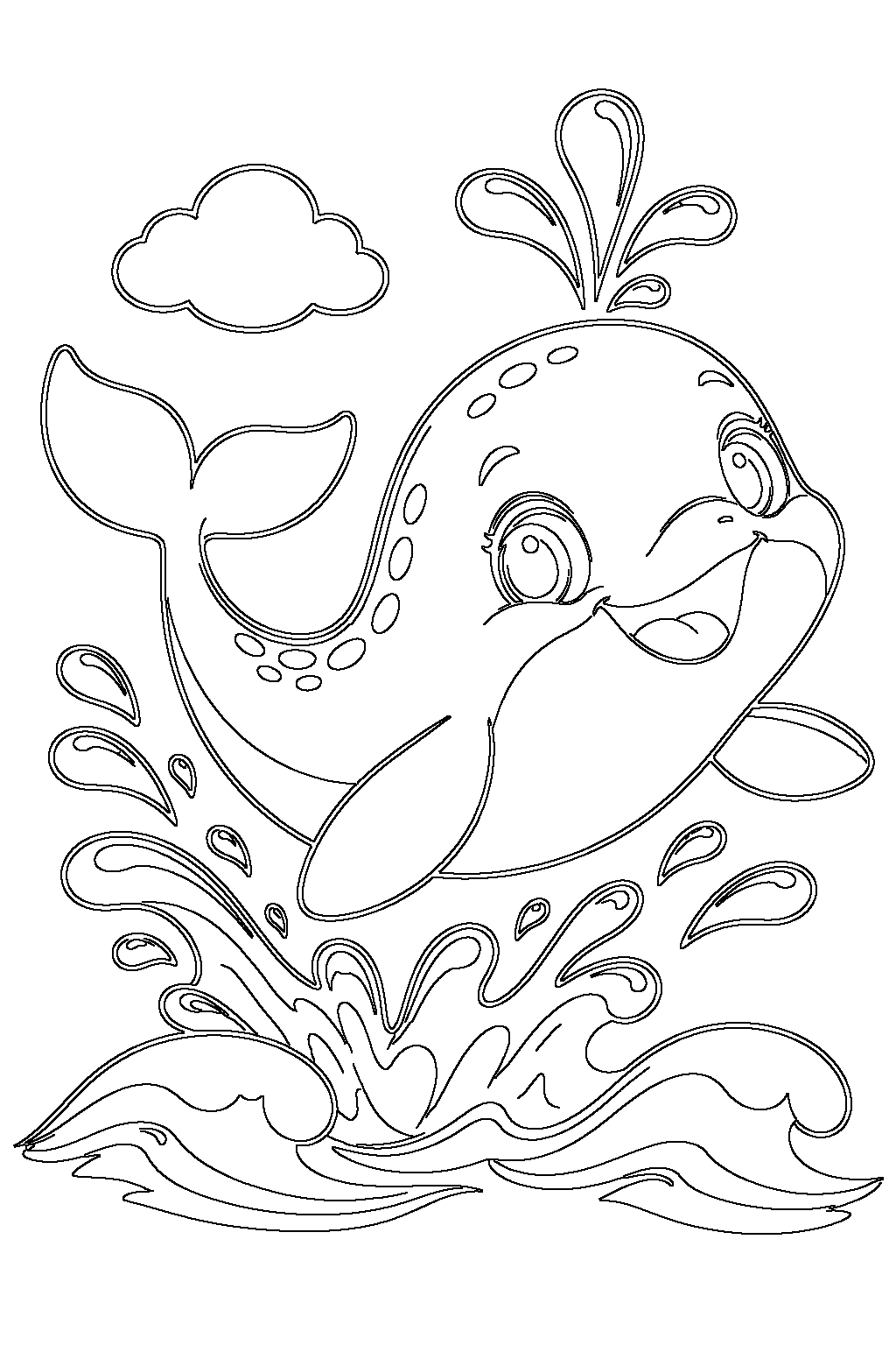 Whale coloring page — black-and-white outline to print and color: a baby whale leaping out of ocean waves