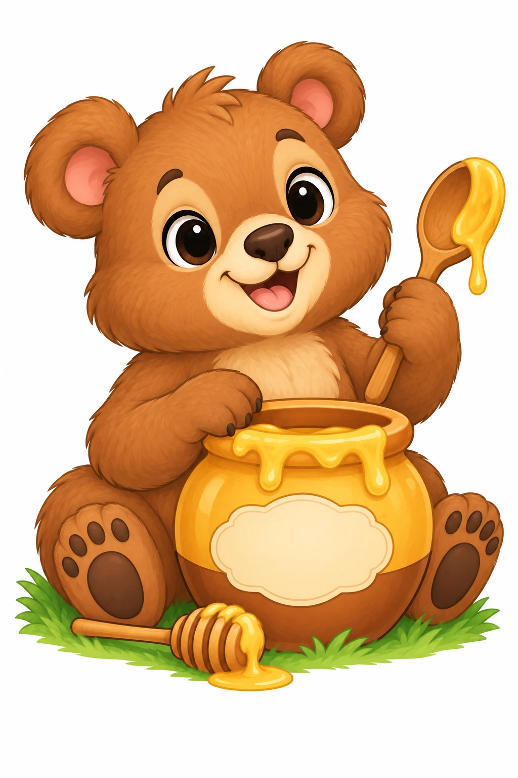 Bear coloring page — colored preview: a baby bear cub hugging a honey pot, with a honey dipper and wooden spoon nearby