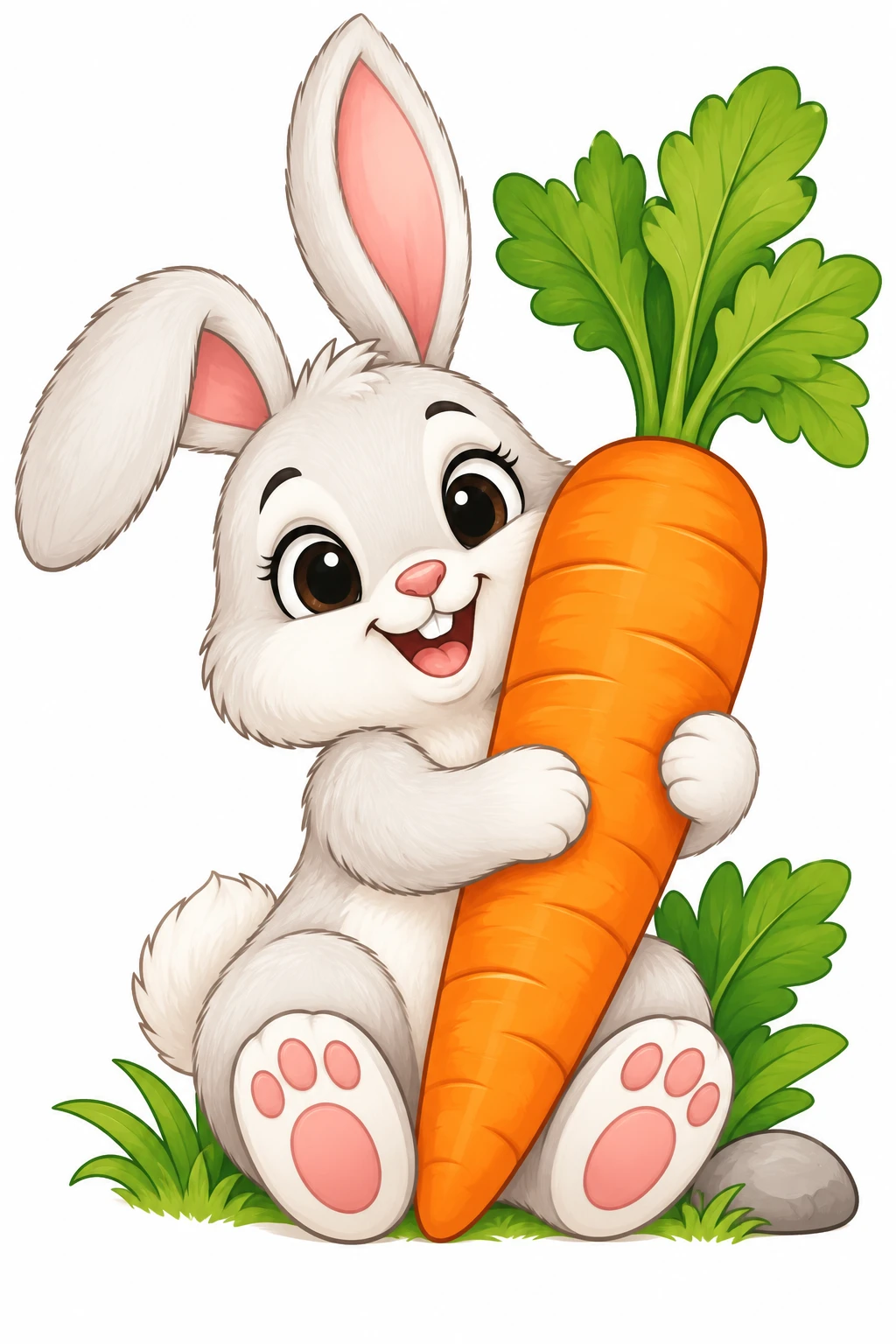 Bunny coloring page — colored preview: a baby bunny hugging a giant carrot, sitting in the grass