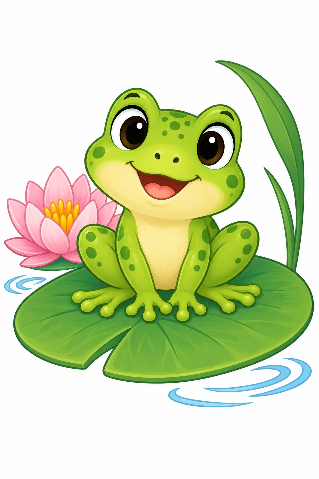 Frog coloring page — colored preview: a baby frog sitting on a lily pad, beside a pink lotus flower